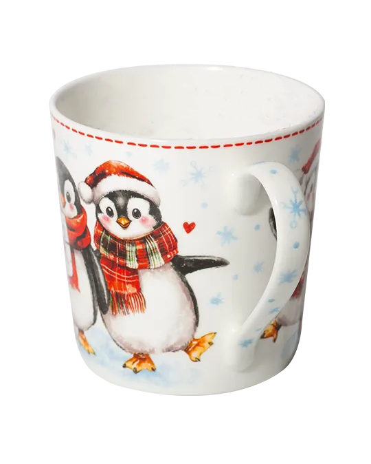 Side view of a white mug showing a penguin in a Santa hat and red plaid scarf beside a pale blue snowflake-patterned handle.