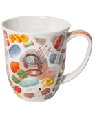 White mug decorated with colourful balls of yarn, knitting needles, and a knitting bag with a heart detail.