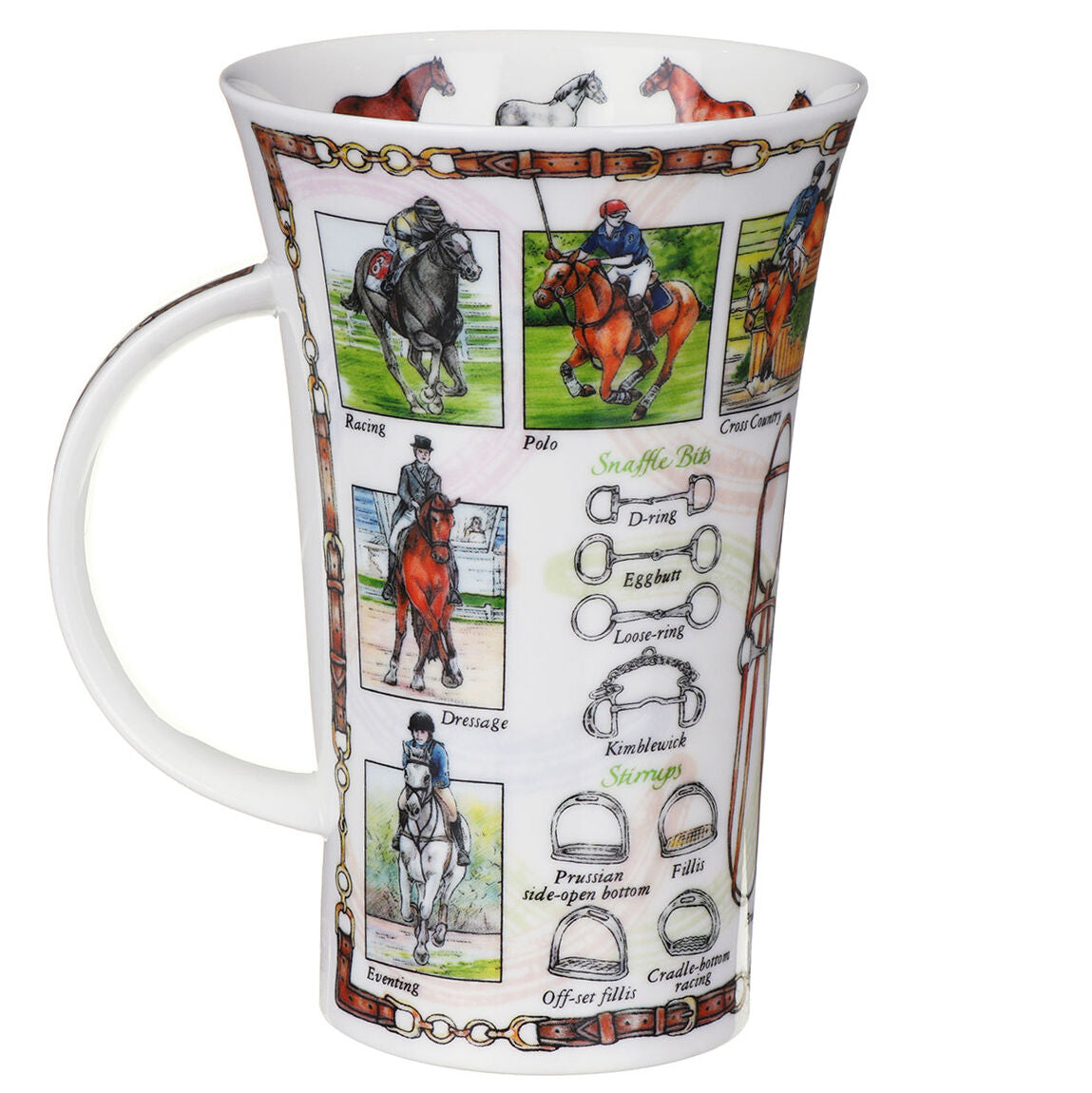 Mug with horse-related illustrations and text on a white background