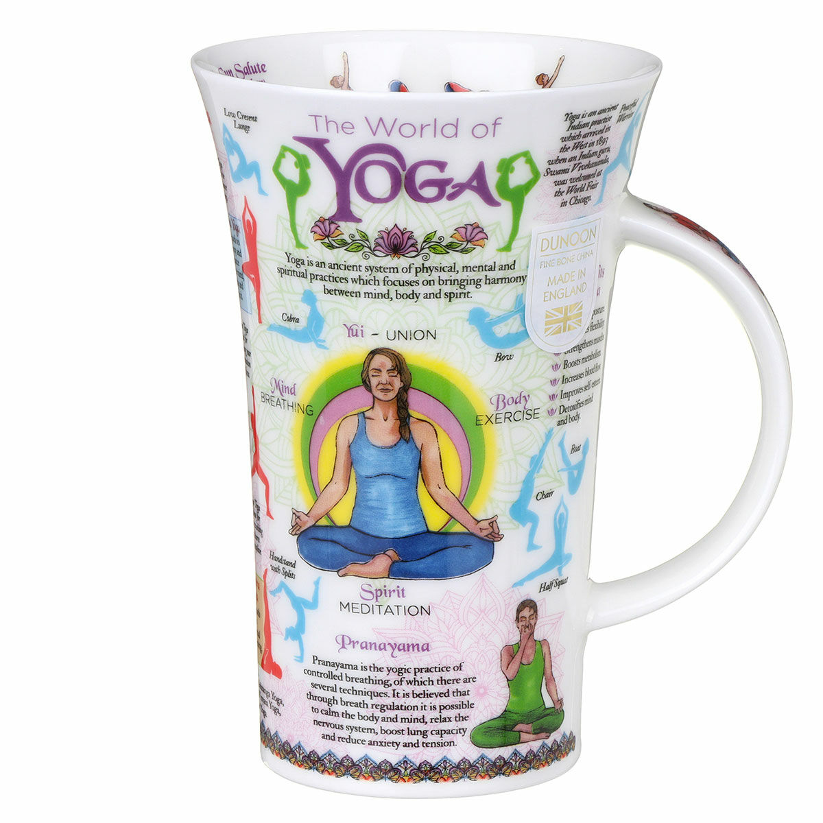 Yoga-themed mug with illustrations and text on a white background