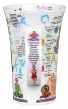 Yoga-themed mug with illustrations and text on a white background