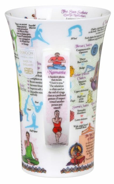 Yoga-themed mug with illustrations and text on a white background