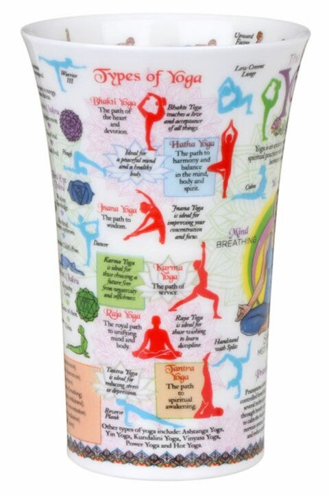 Cup with illustrations and descriptions of different types of yoga