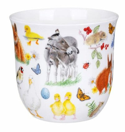 Fine bone China  mug with colourful animal illustrations on a white background