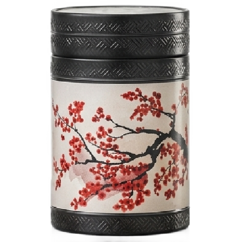 Akashi 150 g tea tin with red blossom branches on a cream background, a black lid and textured black trim.