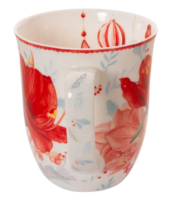 Mug with red floral design on a white background