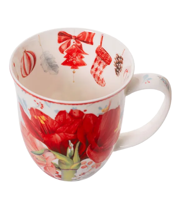 Decorative mug with Christmas-themed design on a white background