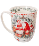 Decorative mug with gnomes and floral patterns on a white background