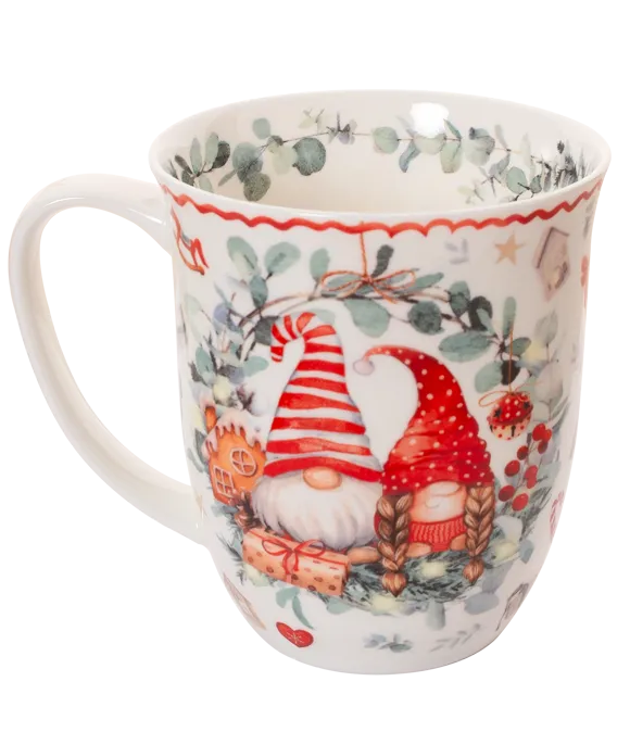 Decorative mug with gnomes and floral patterns on a white background
