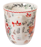 Decorative mug with Christmas-themed pattern on a white background