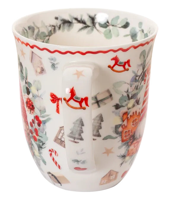 Decorative mug with Christmas-themed pattern on a white background