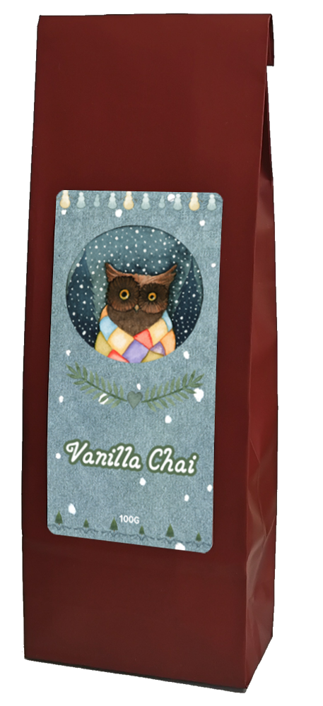 Vanilla Chai tea, 100g, in a burgundy bag with a snowy winter label featuring an owl wearing a colourful scarf.