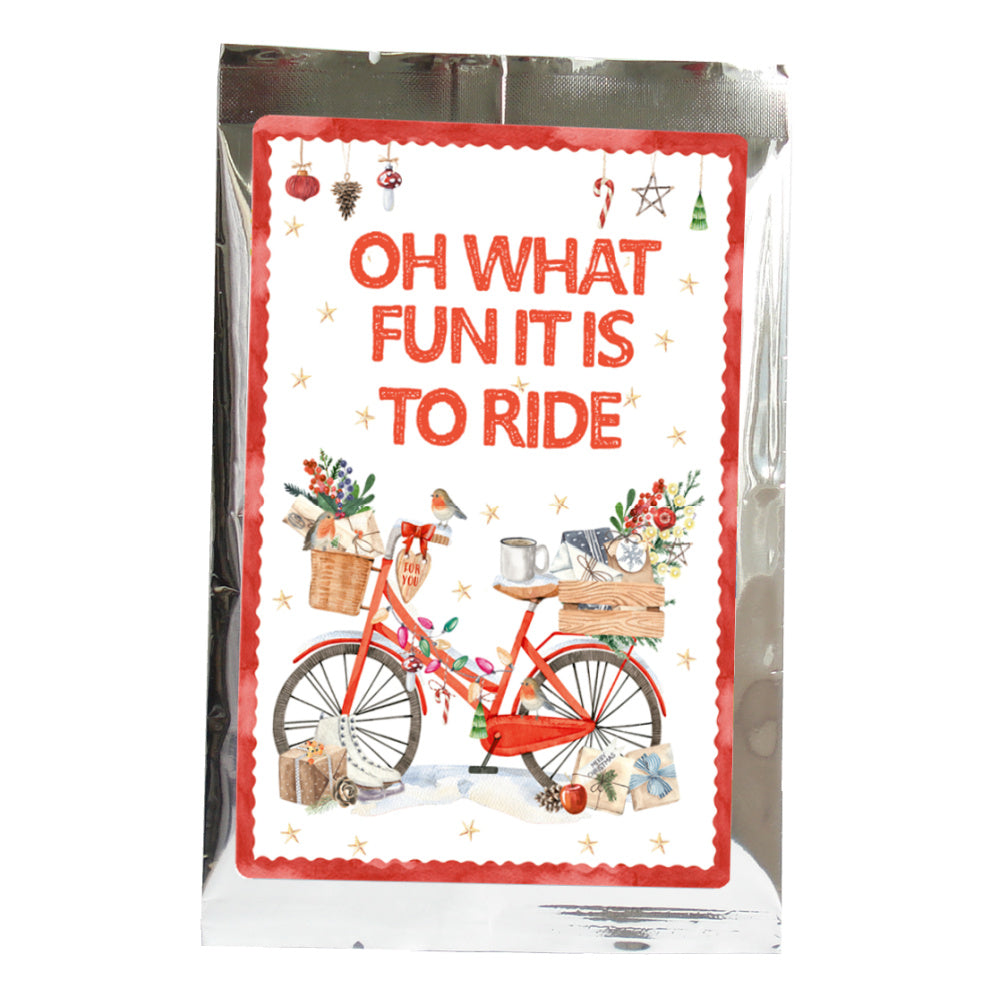 Decorative card with a red bicycle and festive text on a white background