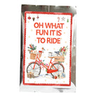 Decorative card with a red bicycle and festive text on a white background