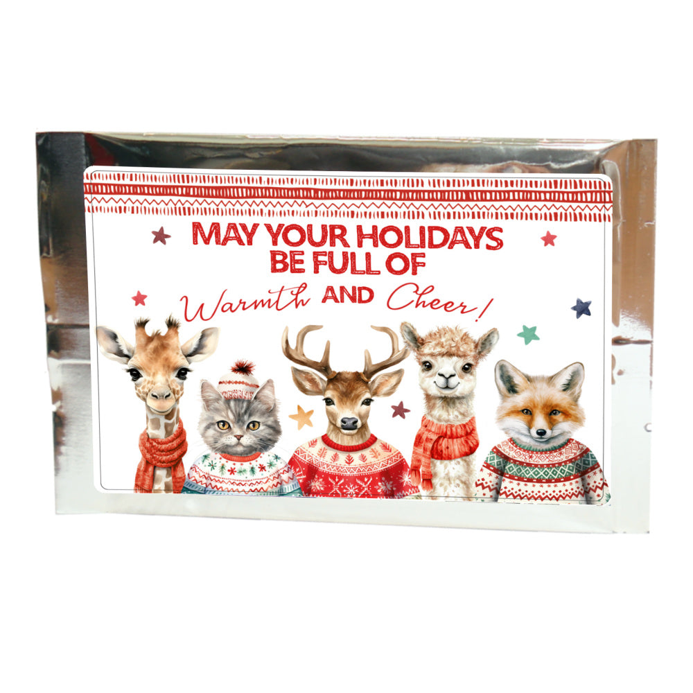 Card with animals in sweaters and holiday message on a white background