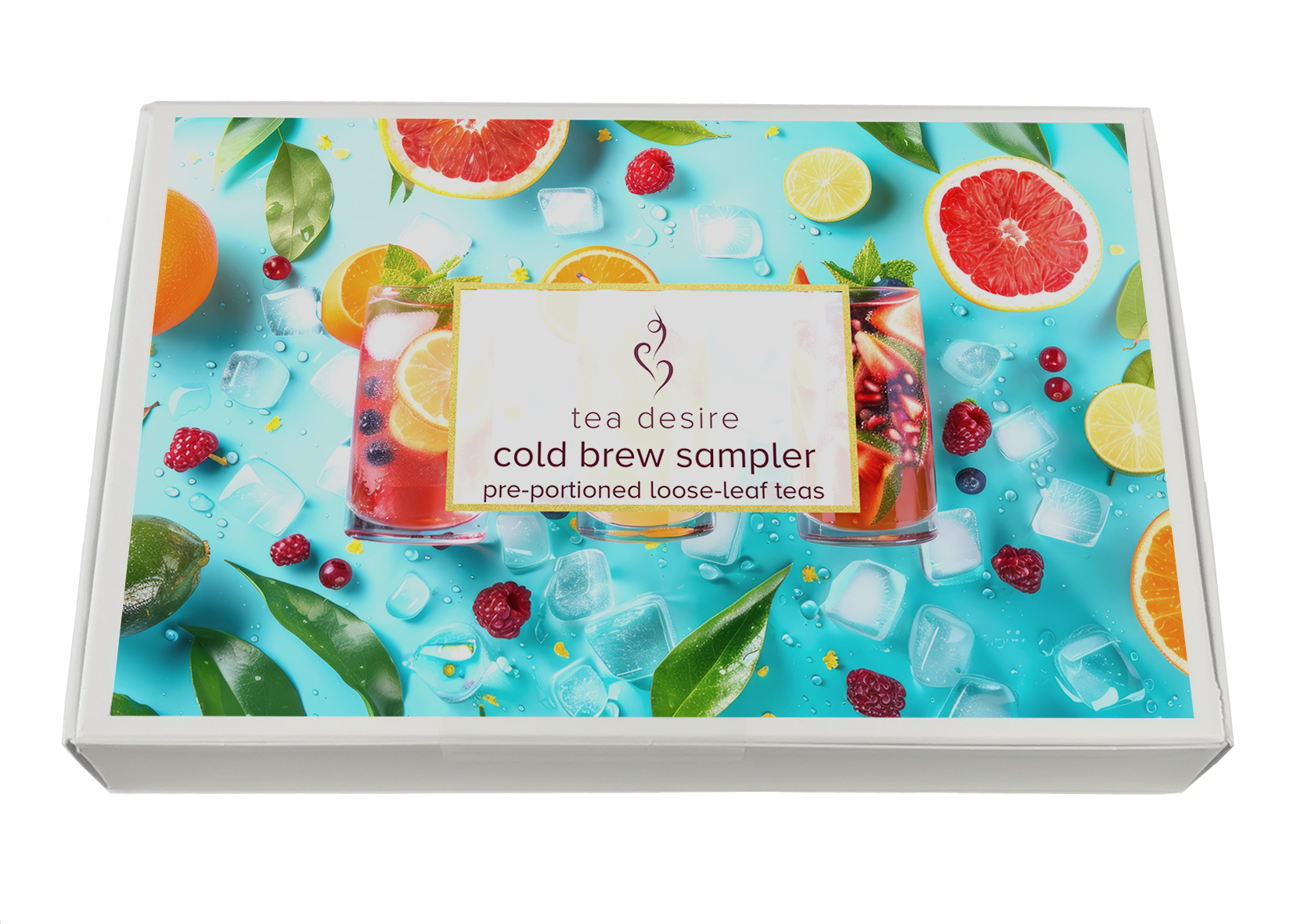 Tea Desire cold brew sampler box with colorful fruit and ice design on a white background