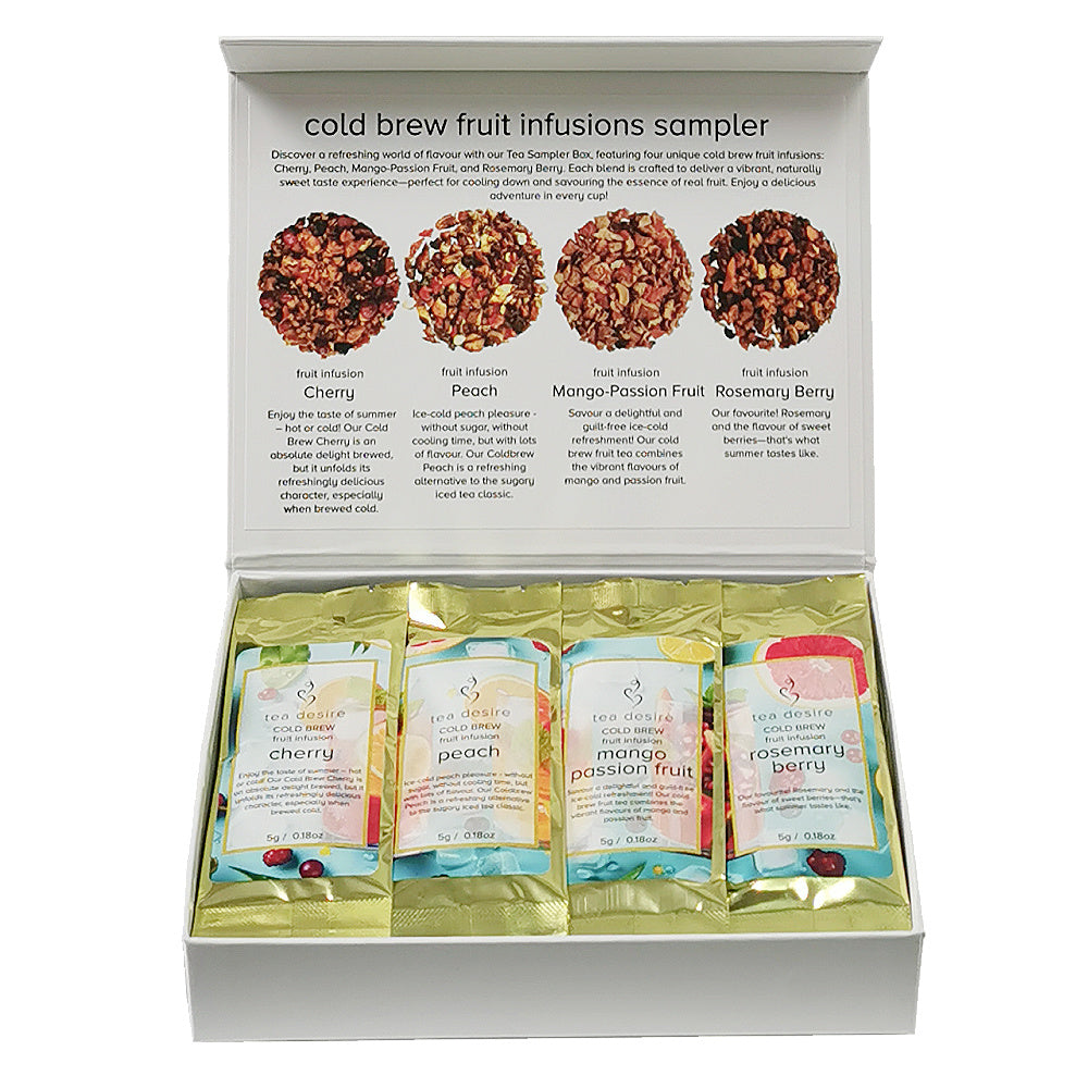Cold brew fruit infusions sampler with packaging on a white background