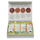 Cold brew fruit infusions sampler with packaging on a white background