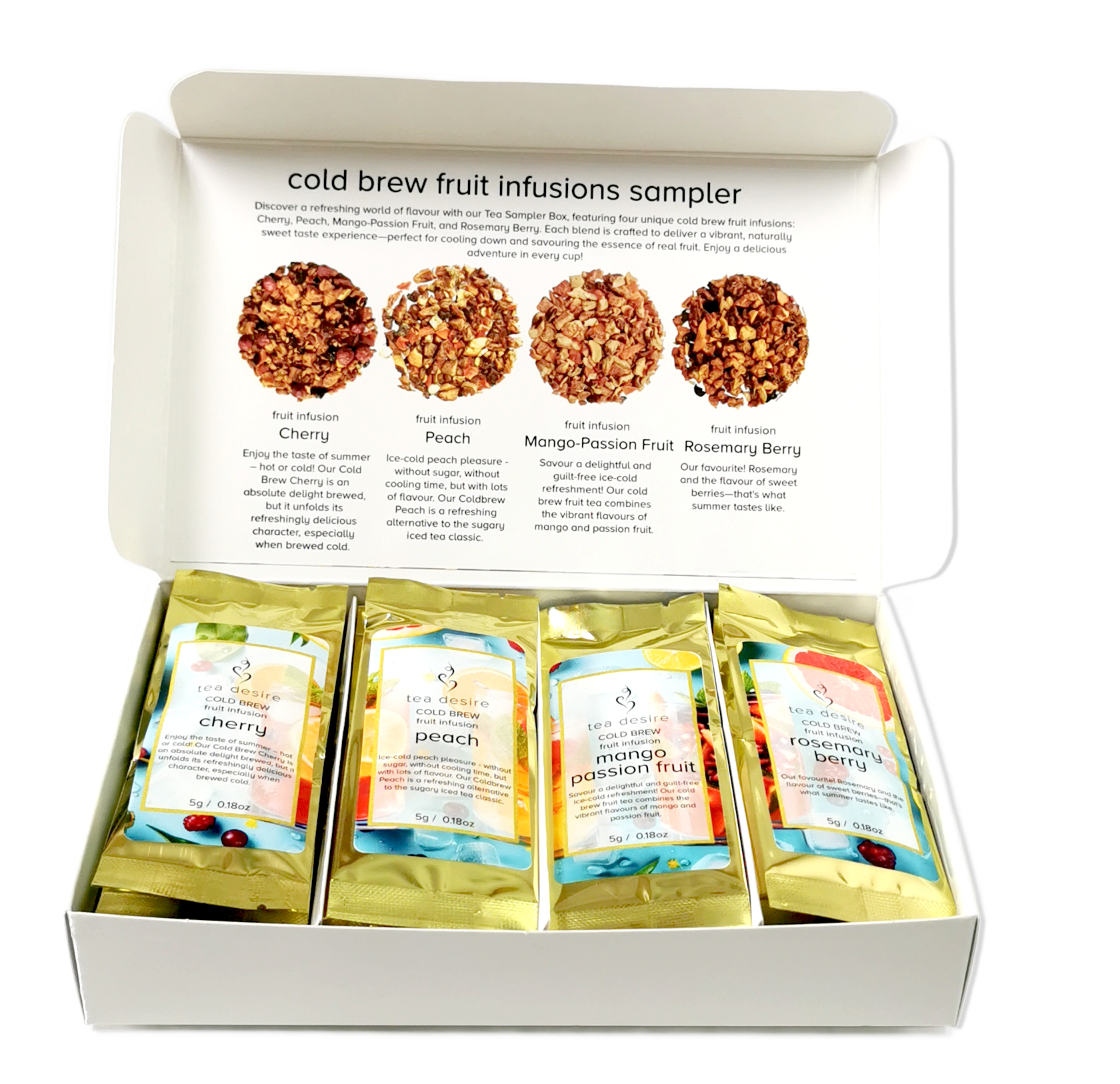 Cold brew fruit infusions sampler set with four flavours in a box.