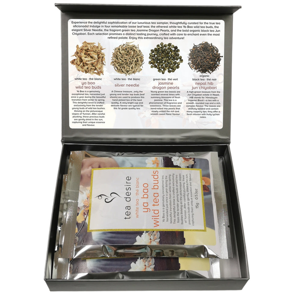 Tea box with bags of teas and a label on a white background