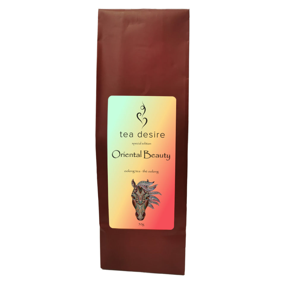 Tea Desire Oriental Beauty tea package with a gradient label on a white background