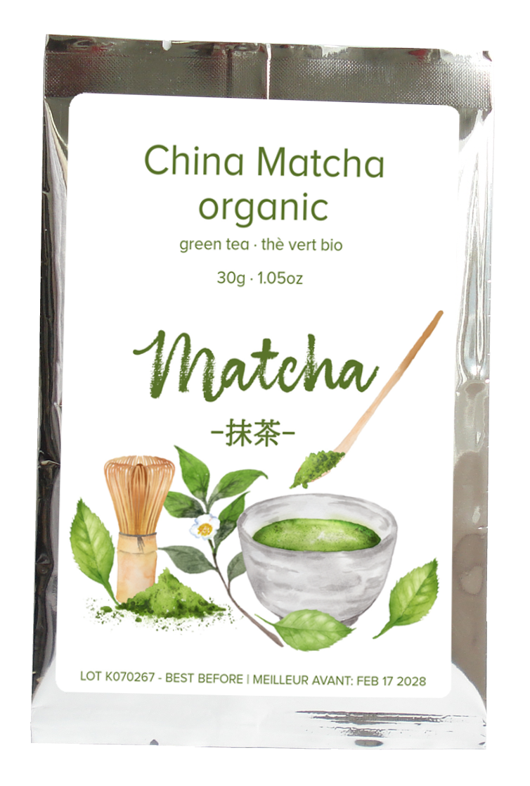 A 30g silver foil pouch of organic China Matcha green tea, featuring a white label with green text and illustrations of matcha leaves, a bamboo whisk, and a bowl of matcha powder.