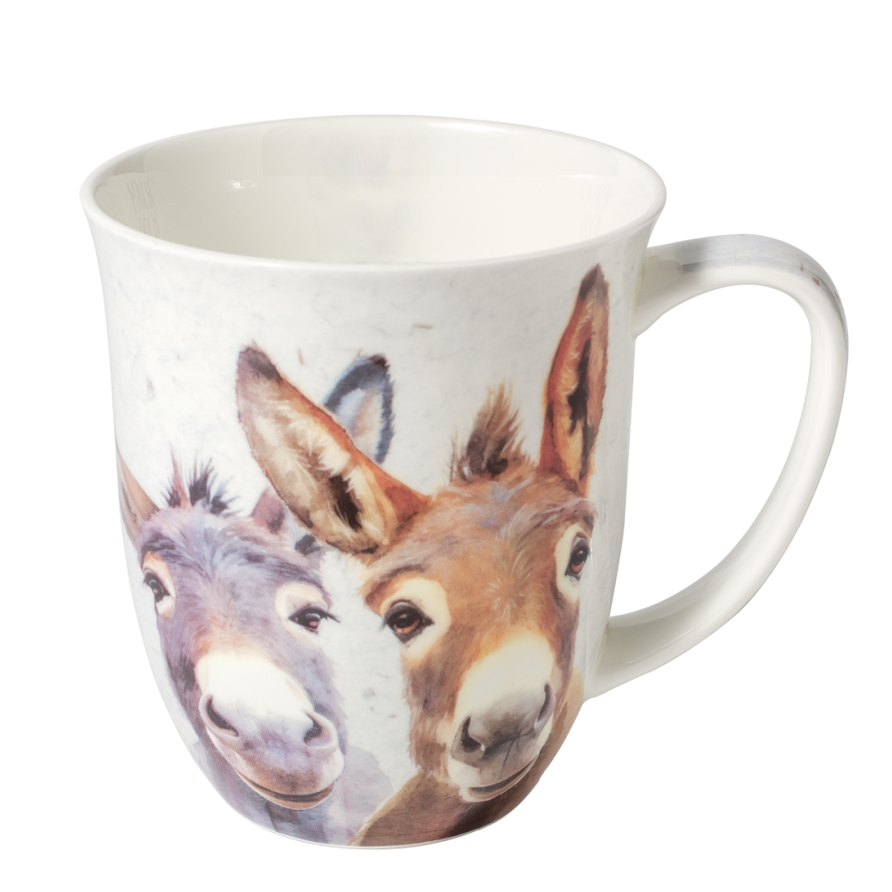 White mug with donkey design on a white background