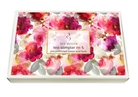 A rectangular box of 'tea desire tea sampler no 5' pre-portioned loose-leaf teas, featuring a vibrant watercolor floral pattern in pink, red, and purple tones with a central gold-bordered label.