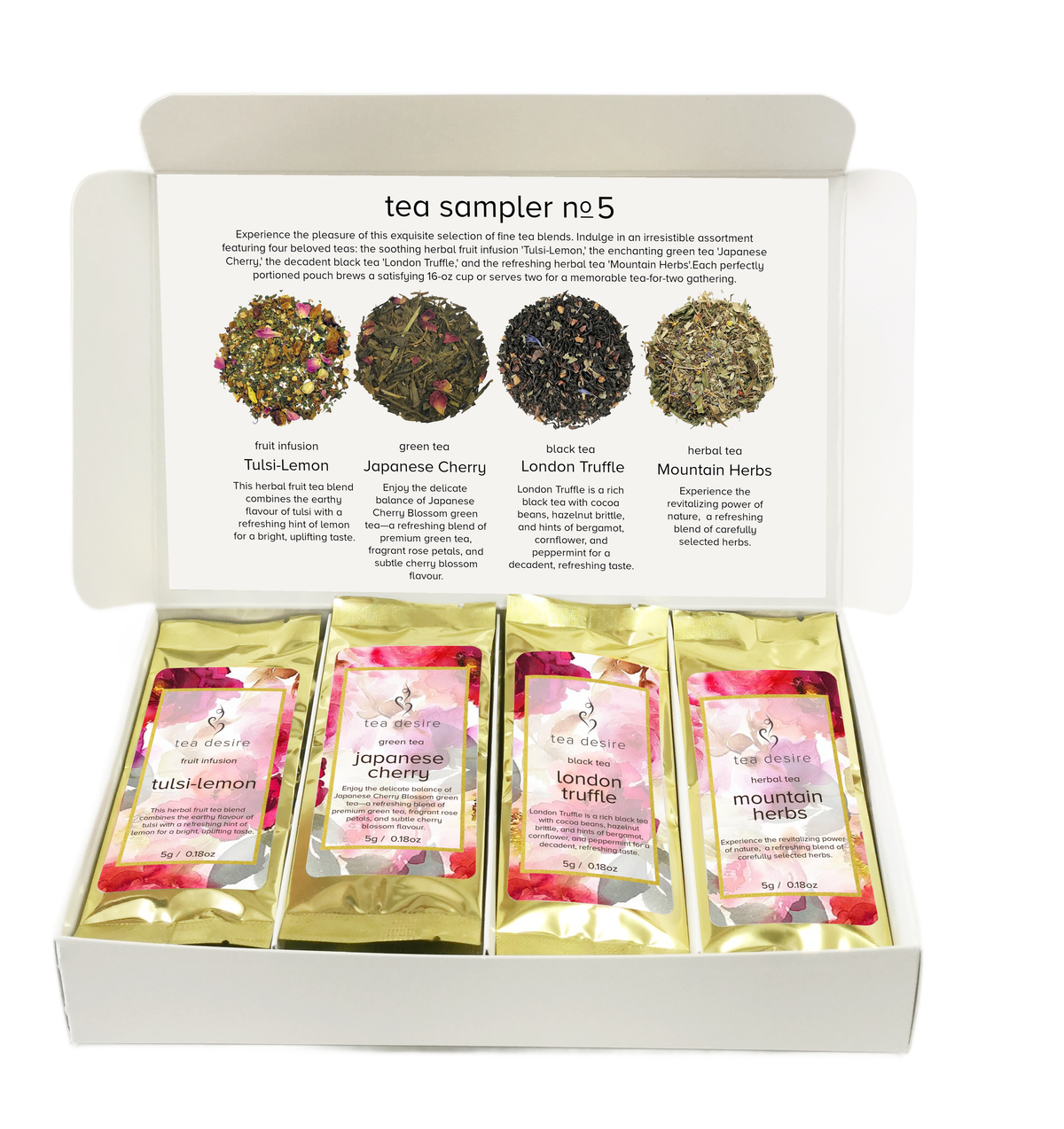 A white cardboard tea sampler box labeled 'tea sampler no 5' with four individual tea sachets arranged in the open tray. The inside lid shows four labeled tea blends with photos and names: Tulsi Lemon, Japanese Cherry, London Truffle, and  Mountain Herbs.