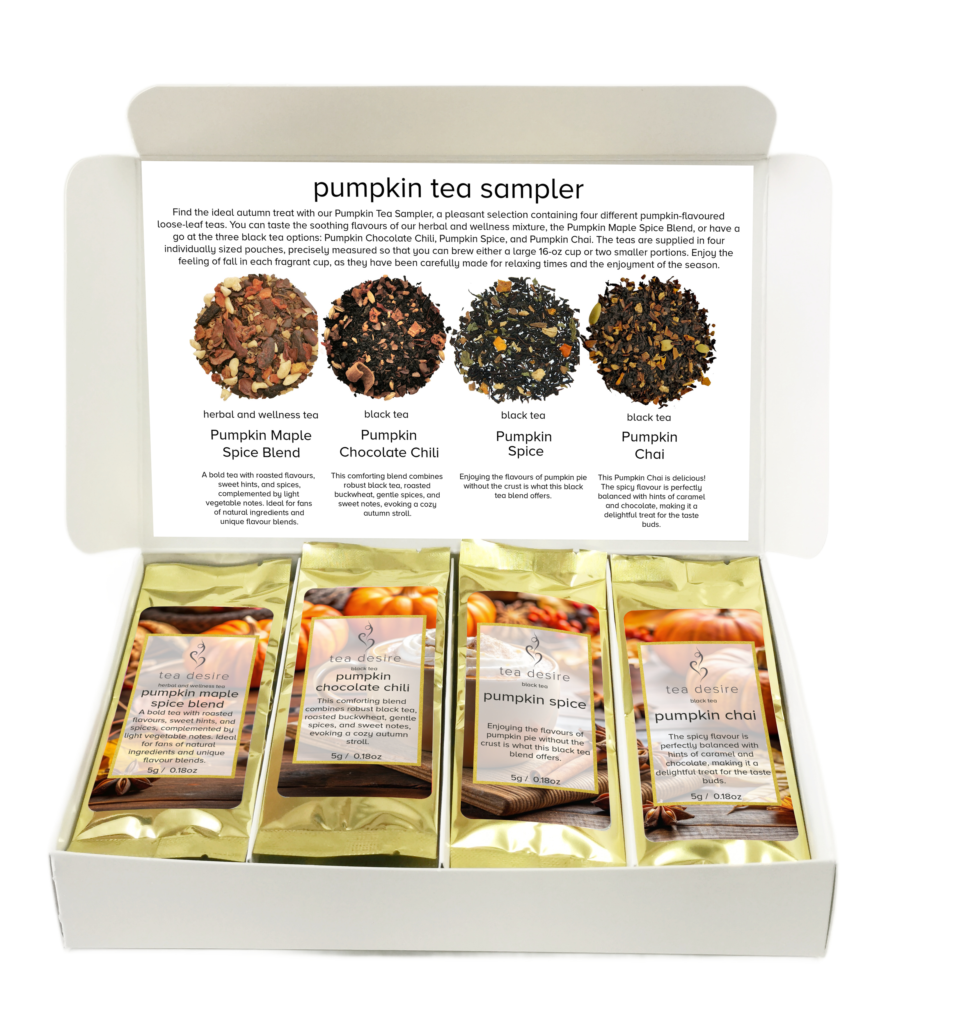 A white gift box labeled 'pumpkin tea sampler' with the lid open, showing four individually wrapped tea bags and a printed insert with four pumpkin tea blends pictured and described.
