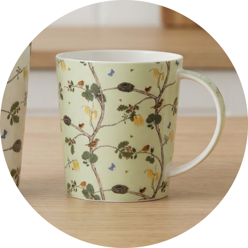 Mug with nature-themed design on a wooden surface