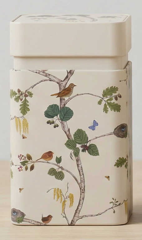 Decorative tea canister with bird and leaf design on a beige background