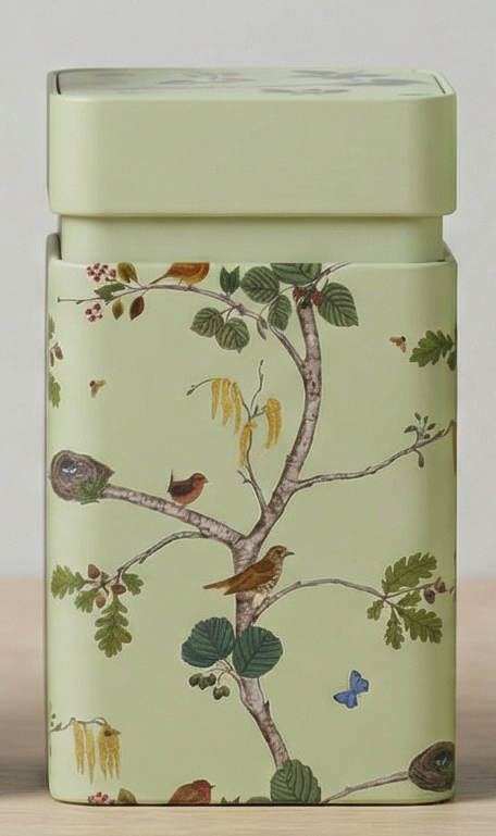 Green tea canister with bird and tree design on a white background