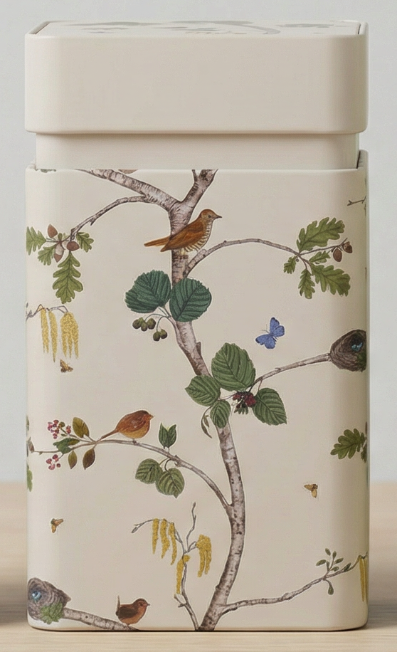Container with nature-themed design featuring birds and trees on a beige background