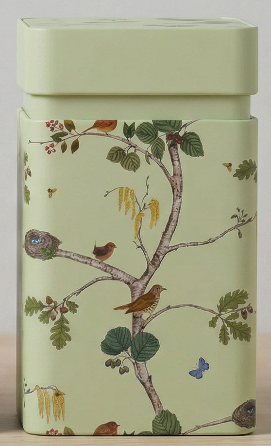 Green tin box with nature-themed design featuring birds and trees on a beige background