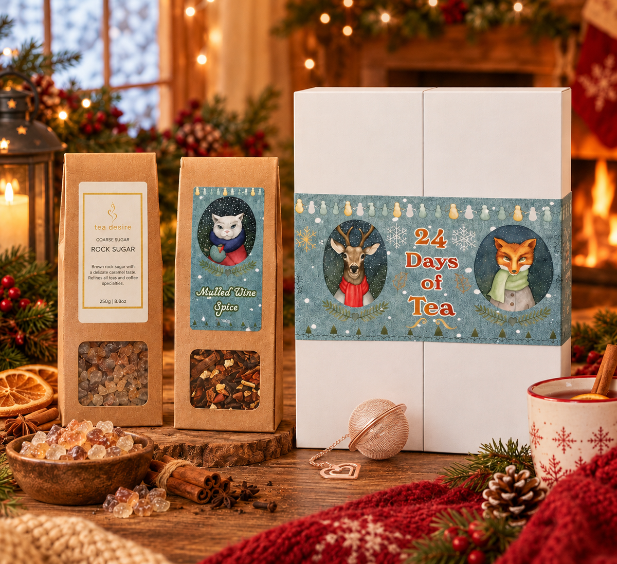  Christmas tea gift bundle with 24 Days of Tea advent calendar, mulled wine spice, rock sugar, and a rose-gold-coloured tea ball infuser.
