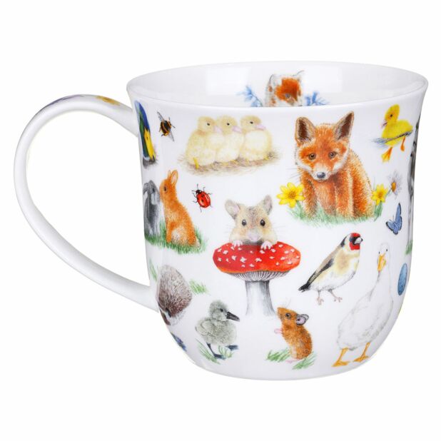 White mug with colorful animal illustrations on a white background