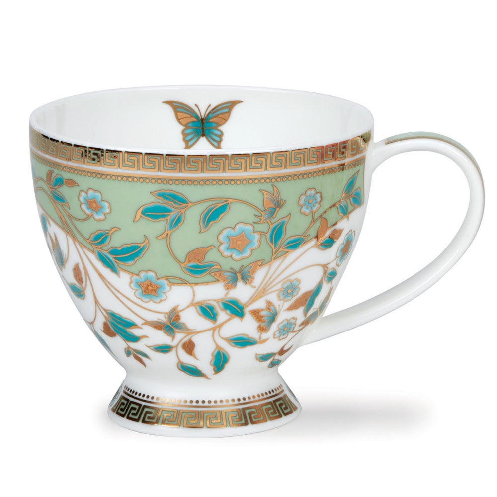 Decorative mug with floral and butterfly pattern on a white background